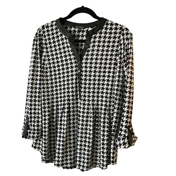 Roz & Ali Tops - Roz & Ali L Black, White Houndstooth Polyester Blend Women's Tunic Top